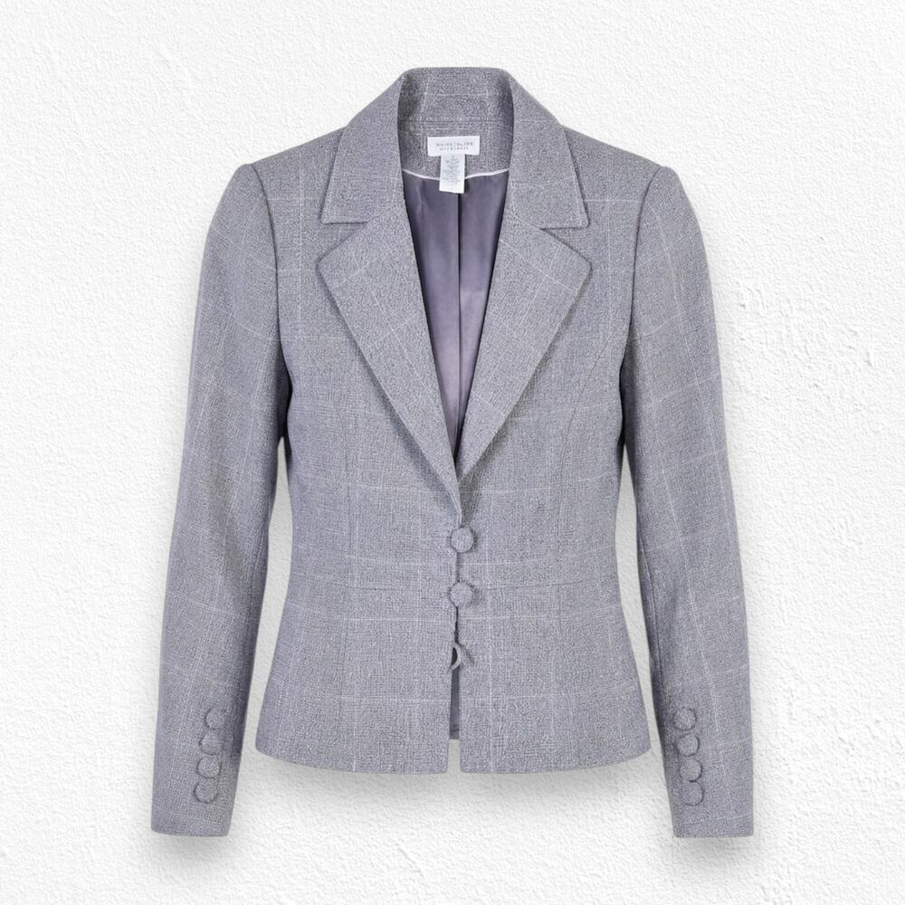 1990s Vintage Gray Purple Windowpane Plaid Loop Button Blazer Jacket Size 10
